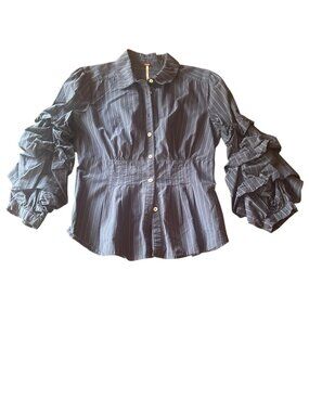 Free People Navy Pinstripe Ruffle Sleeve Button-Up Shirt L Cotton Blend